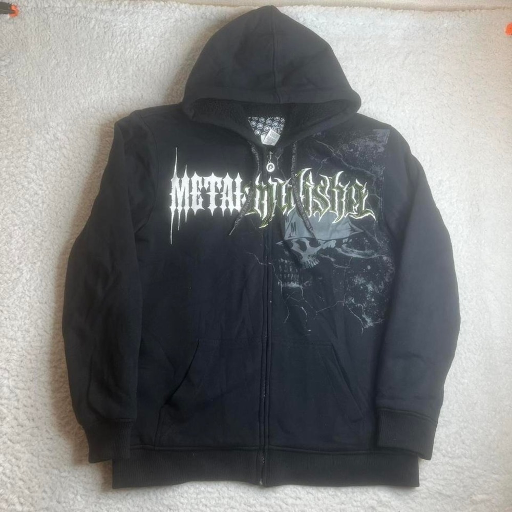 Y2K Metal Mulisha men's black full zip Sherpa lined hoodie grunge skulls aop xl